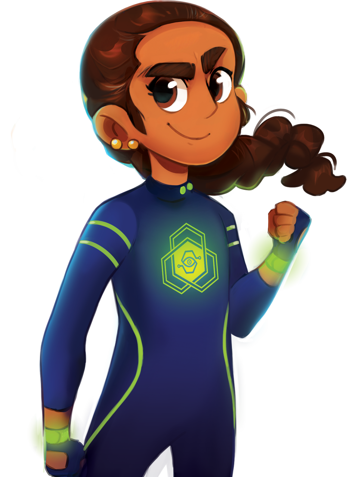 Agent Asha in her blue and green spy suit